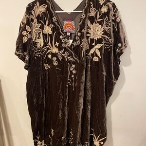 Johnny Was Brown Velvet Asymmetrical Dress with Cream Embroidery